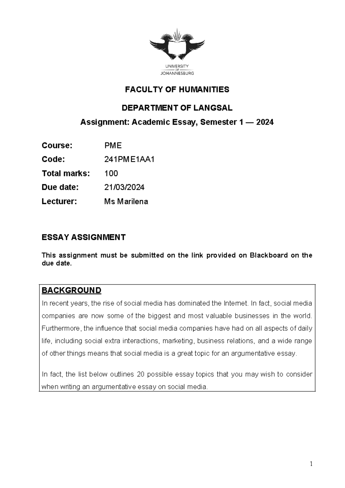 Argumentative Essay Assignment - PME 241PME1AA, Semester 1 2024 - Studocu