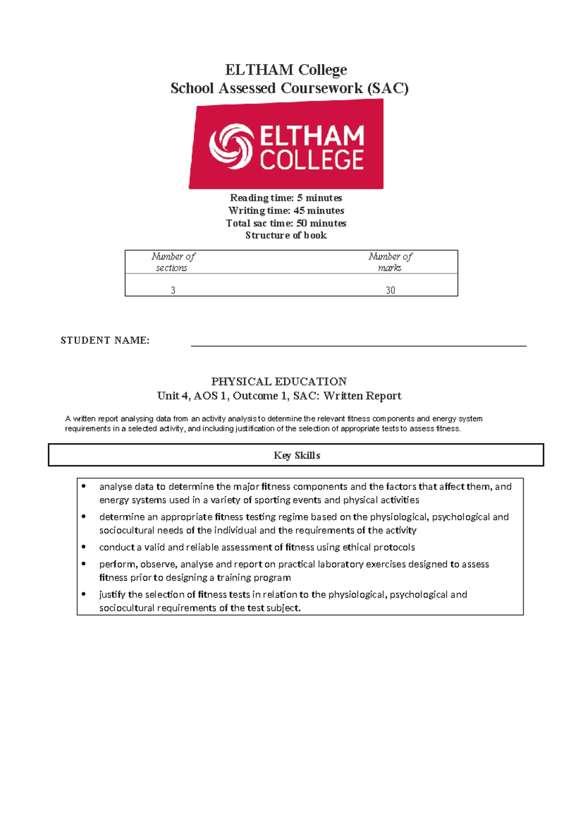 ELTHAM College PE Unit 4 AOS 1 SAC: Written Report on Fitness Analysis ...