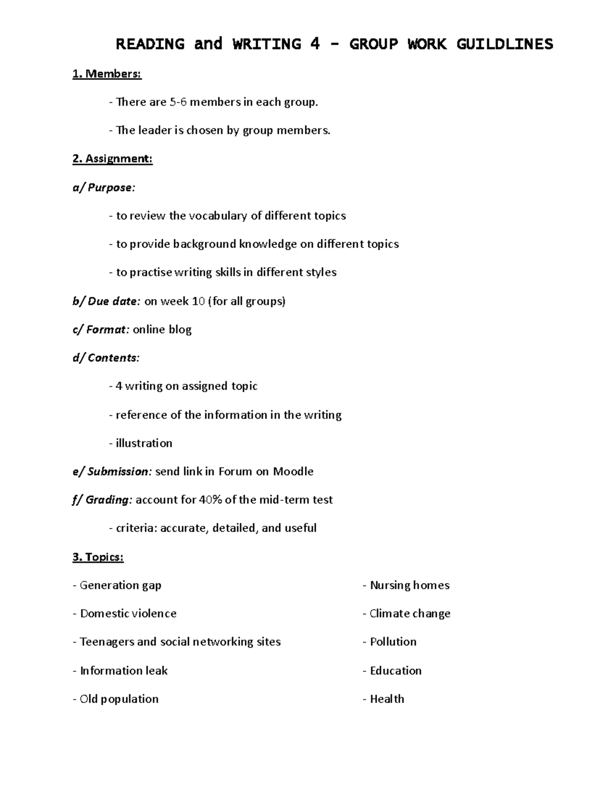 READING and WRITING 4: Group Work Guidelines for Assignments - Studocu