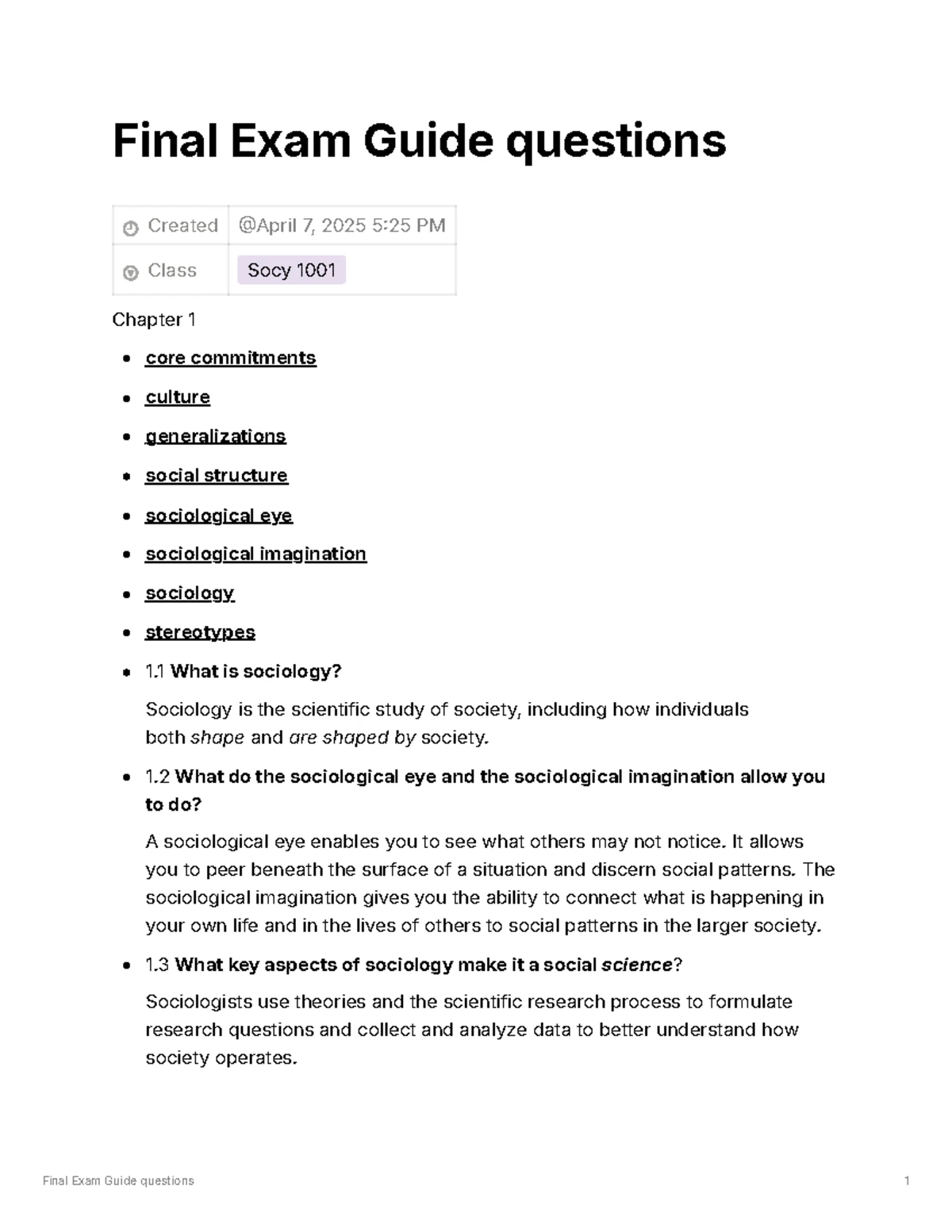 SOCY 1001 Exam 1 Study Guide: Chapter 1 - Sociology in Action - Studocu