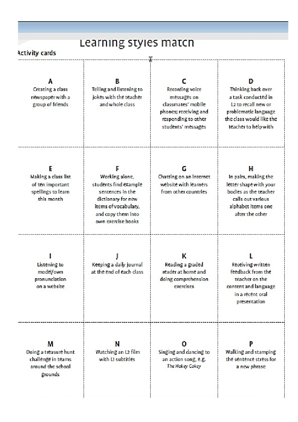 Activity to cut - Learning styles matcn Activity cards Y A B C D ...