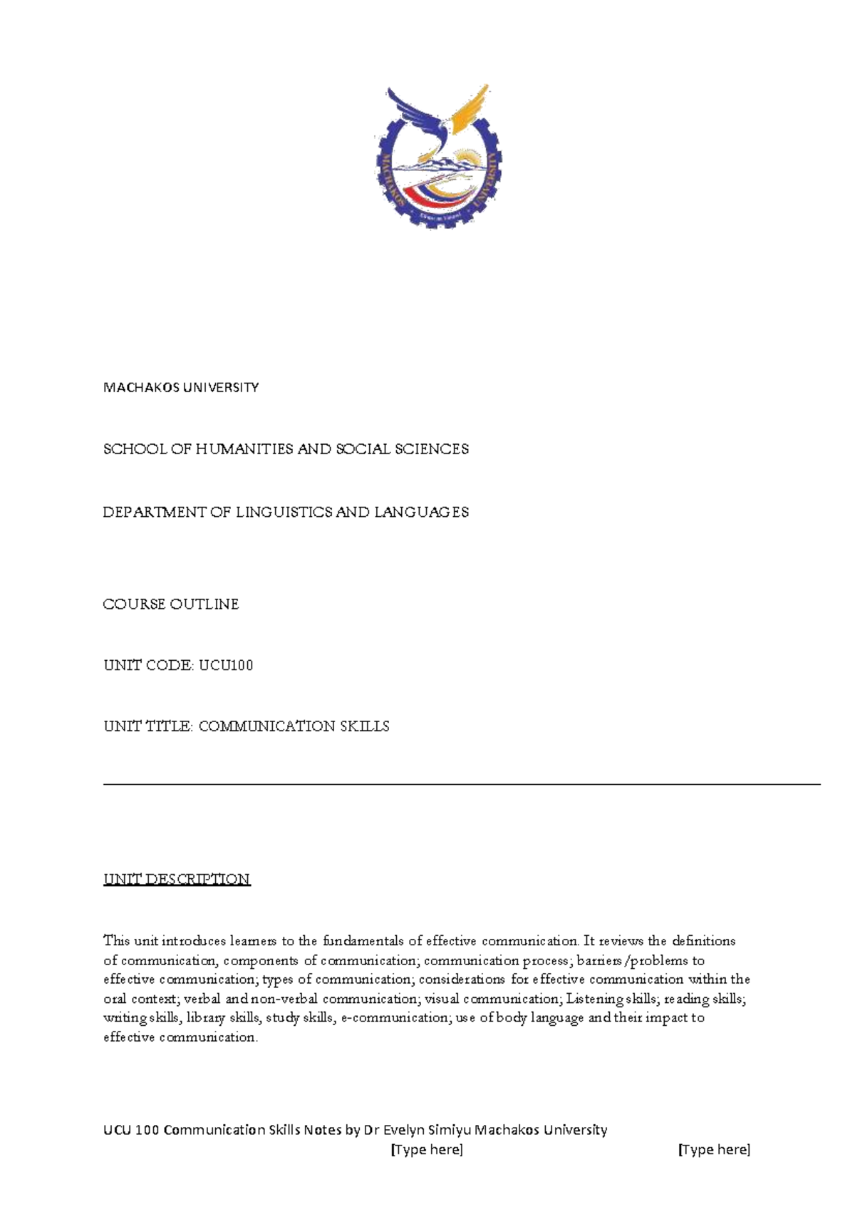 UCU 100 Communication Skills Course Outline and Lecture Notes - Studocu