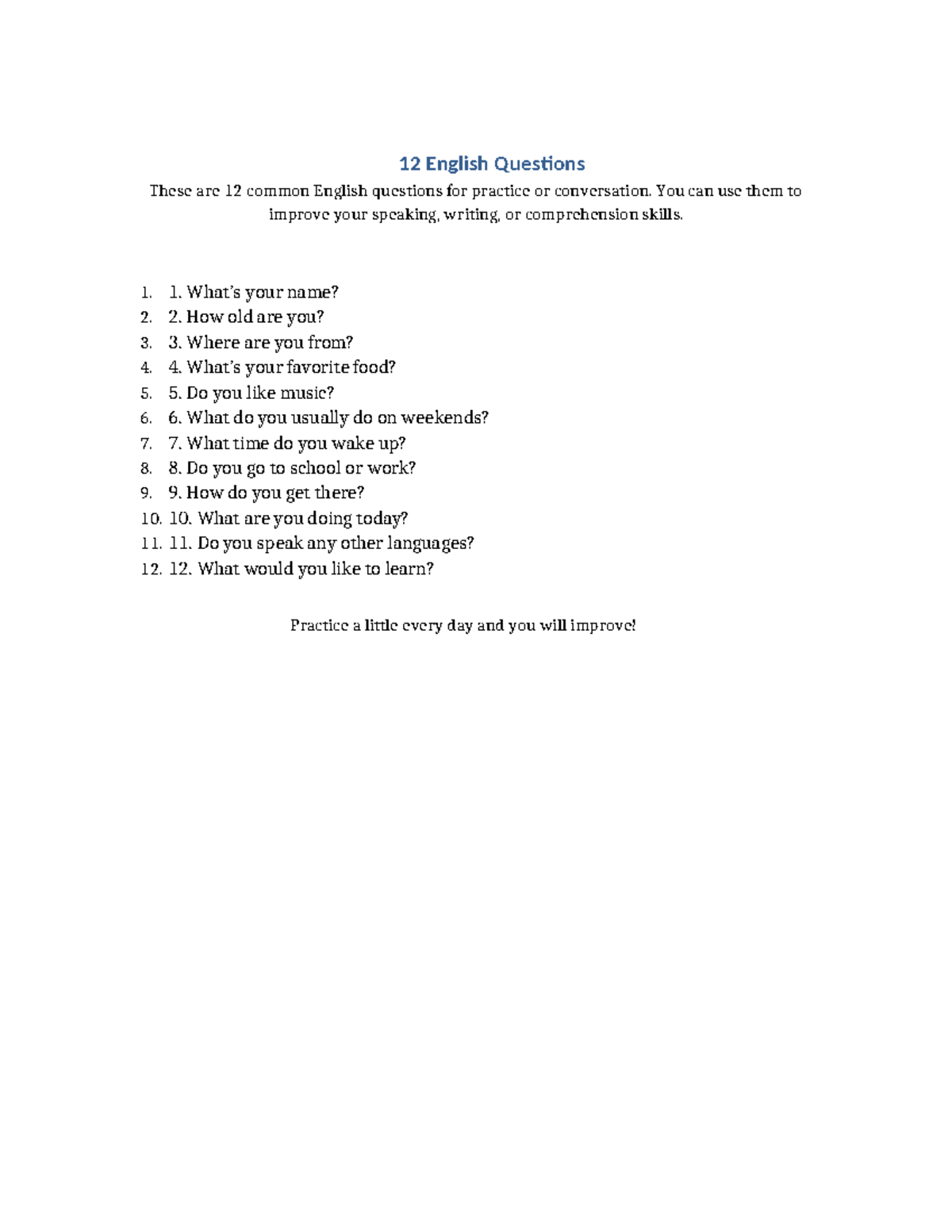 12 Common English Questions for Practice - Studocu