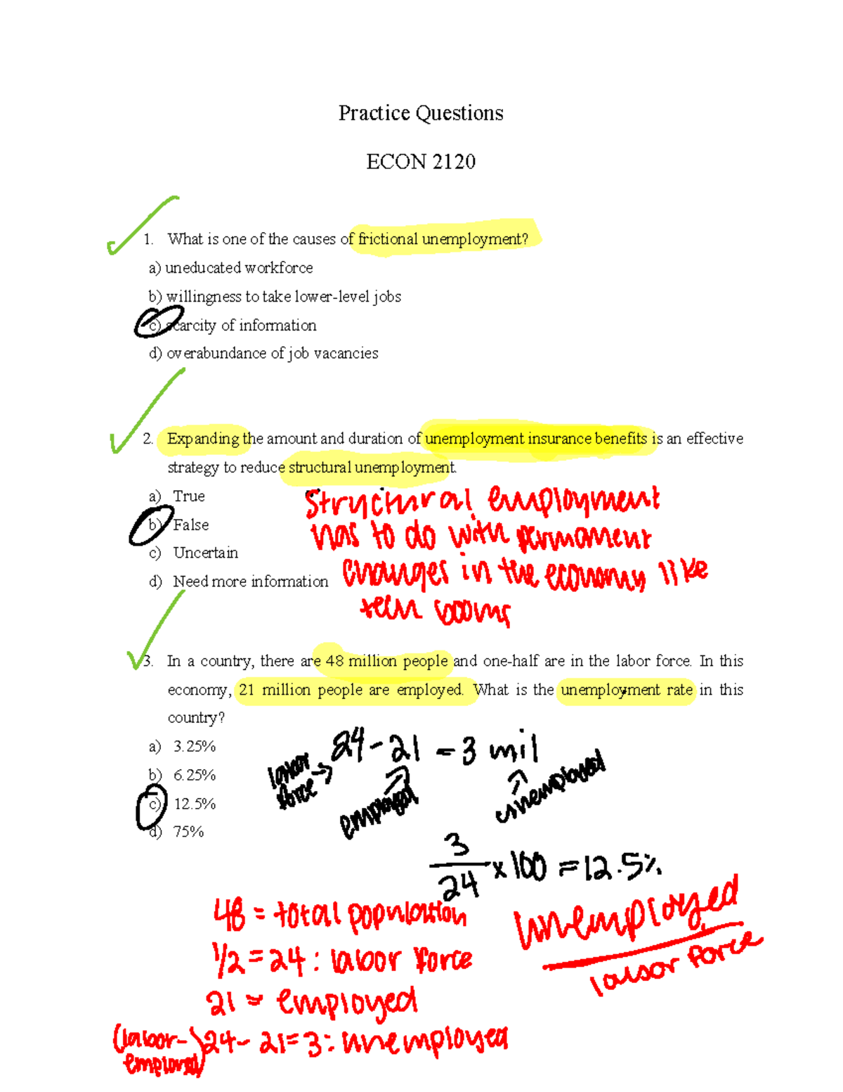 Practice Questions for ECON 2120 Midterm 2 - Studocu