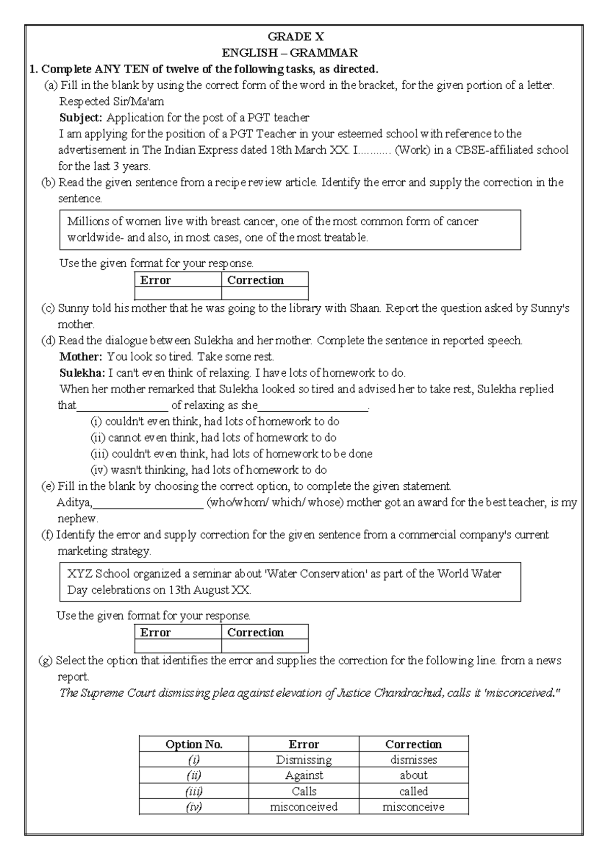 Grade X English – Grammar Practice Tasks for Exams - Studocu