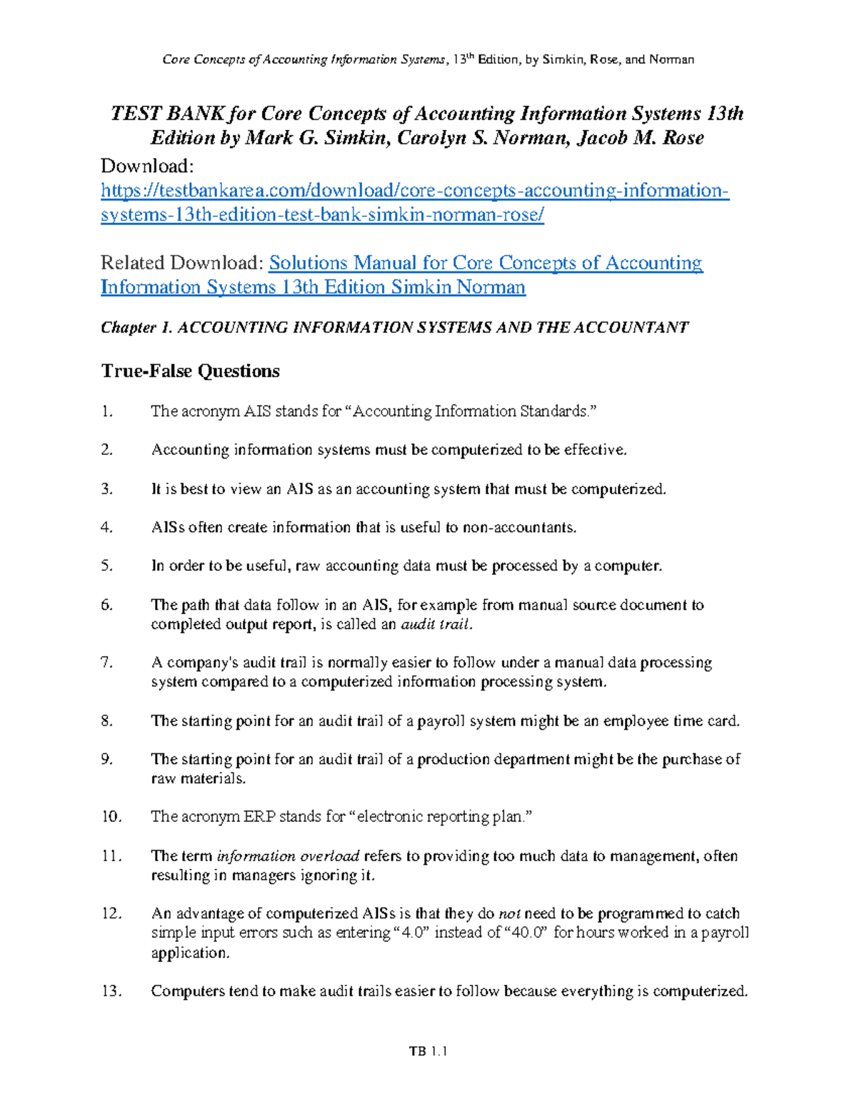 Chapter 1 Test Bank for Accounting Information Systems (AIS) 13th Ed ...