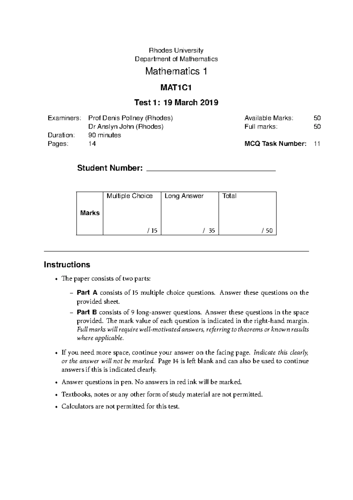 2019 Test 1 Solutions - MAM 101 Mathematics 1 at Rhodes University ...