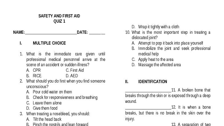SAF-Q1: Safety and First Aid Quiz 1 Study Notes - Studocu