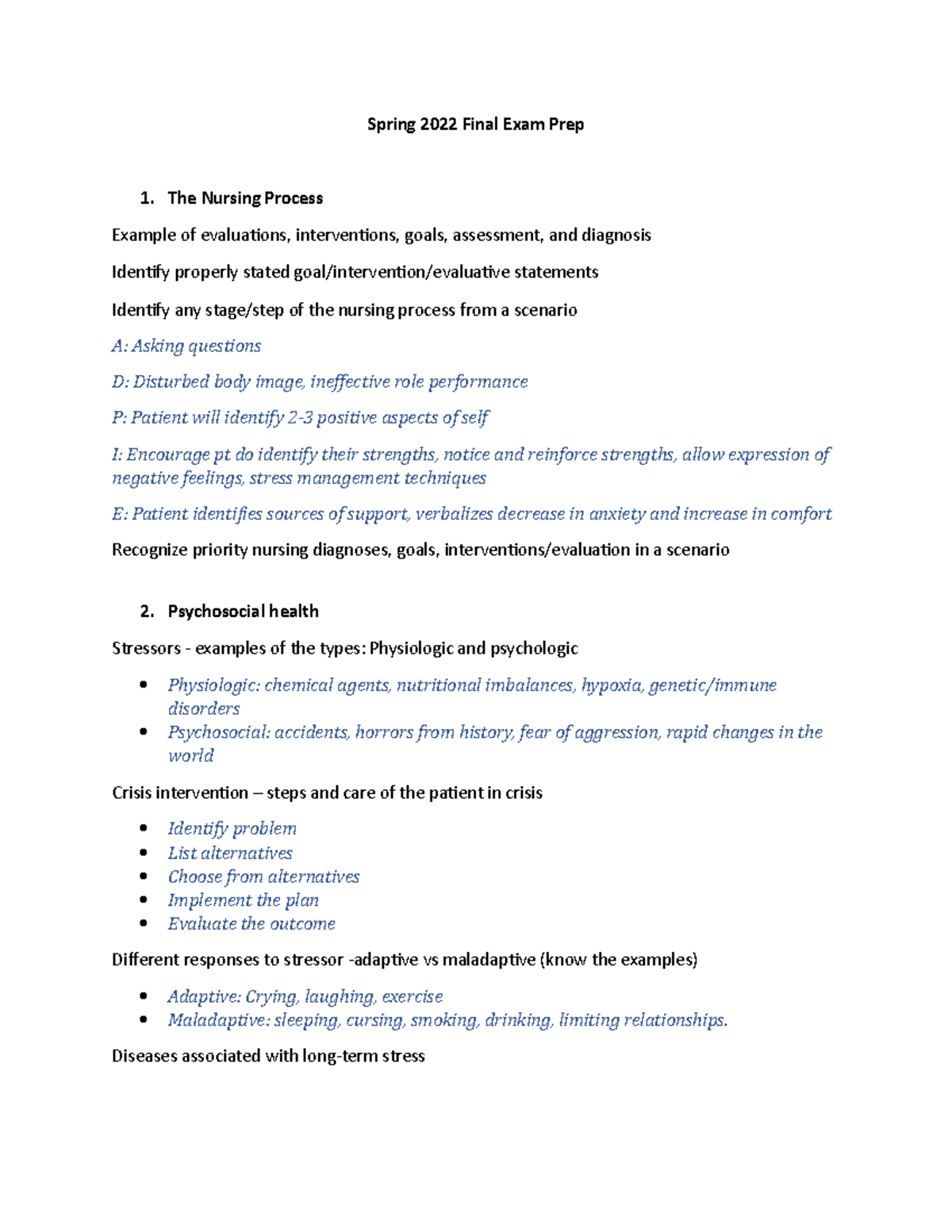 Spring 2022 Nursing Final Exam Preparation Guide - Studocu