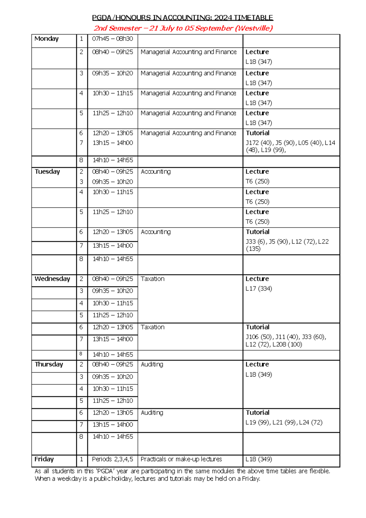 PGDA 2nd Semester 2024 Timetable (Westville) - Accounting Courses - Studocu