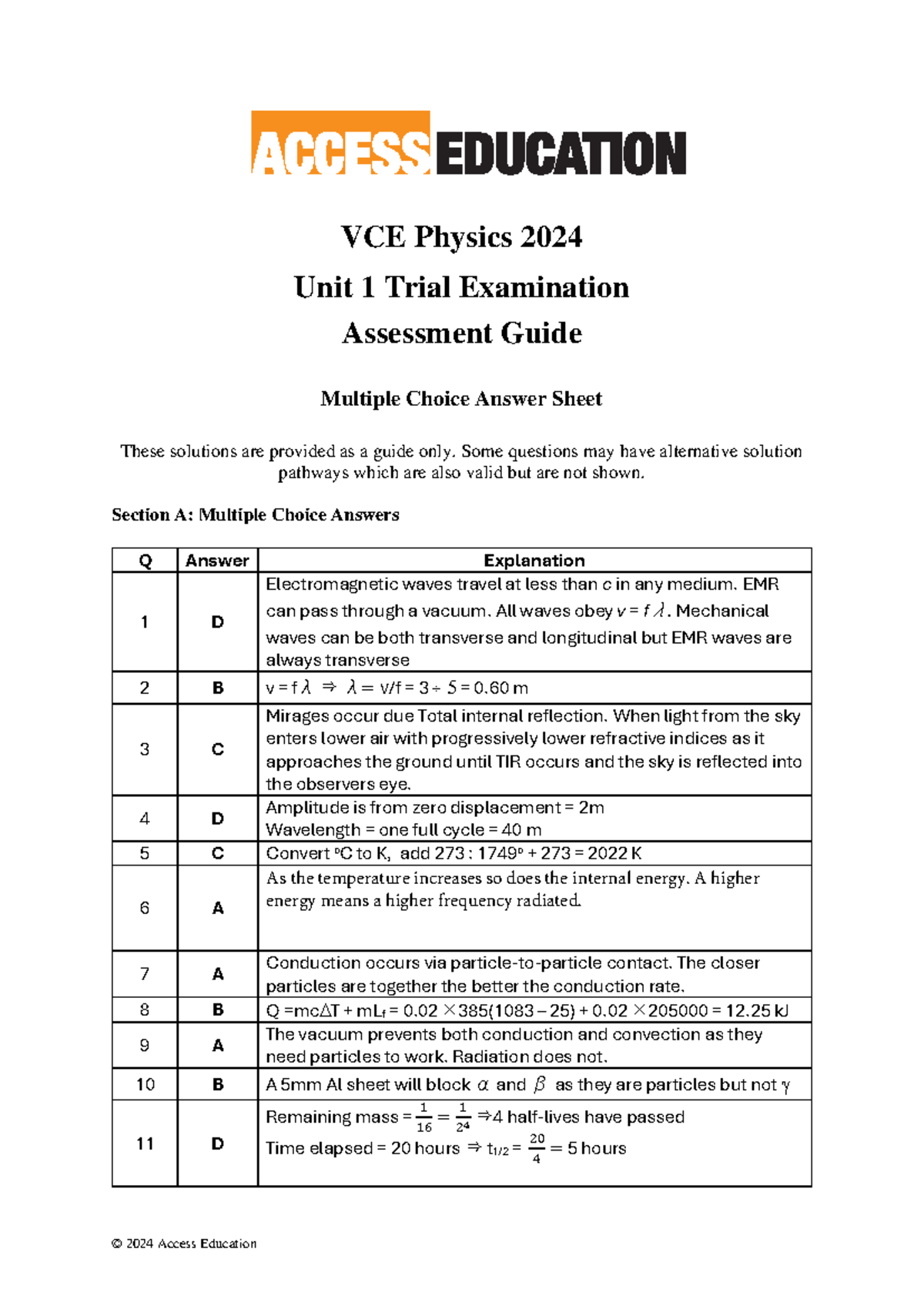 Physics Unit 1 Trial Exam 2024 - Suggested Solutions Guide - Studocu