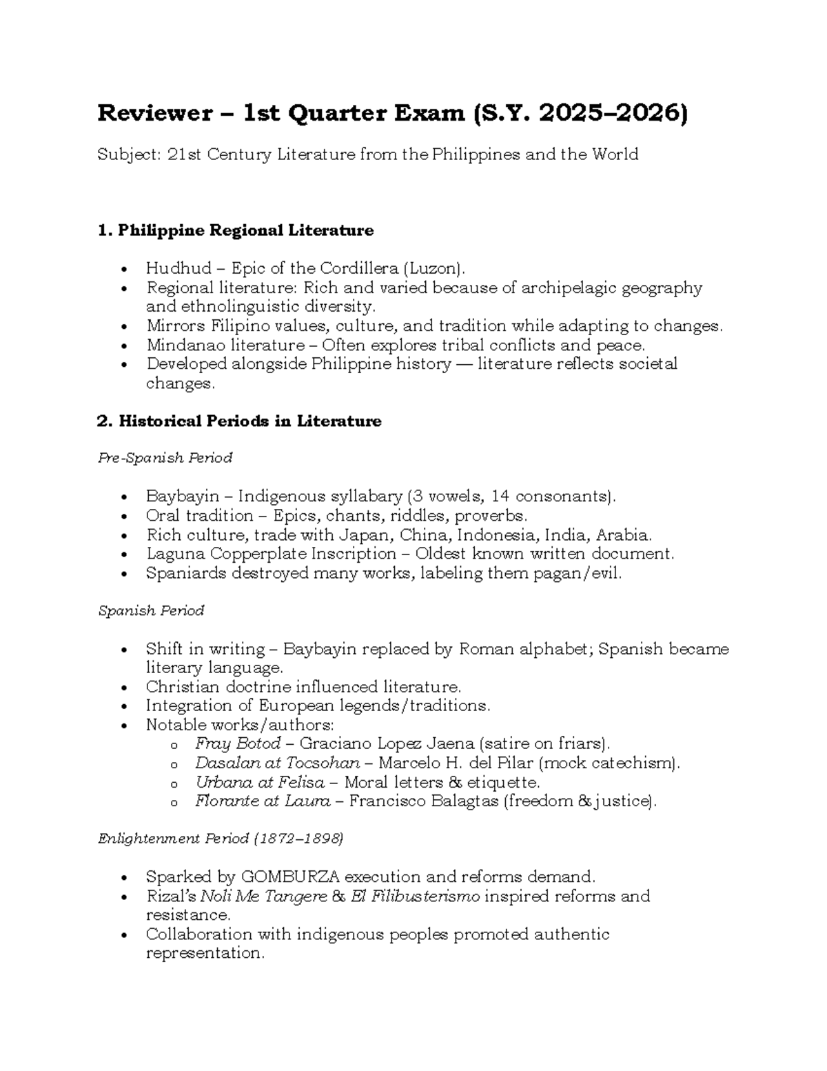 21st Century Literature Reviewer: 1st Quarter Exam Insights - Studocu