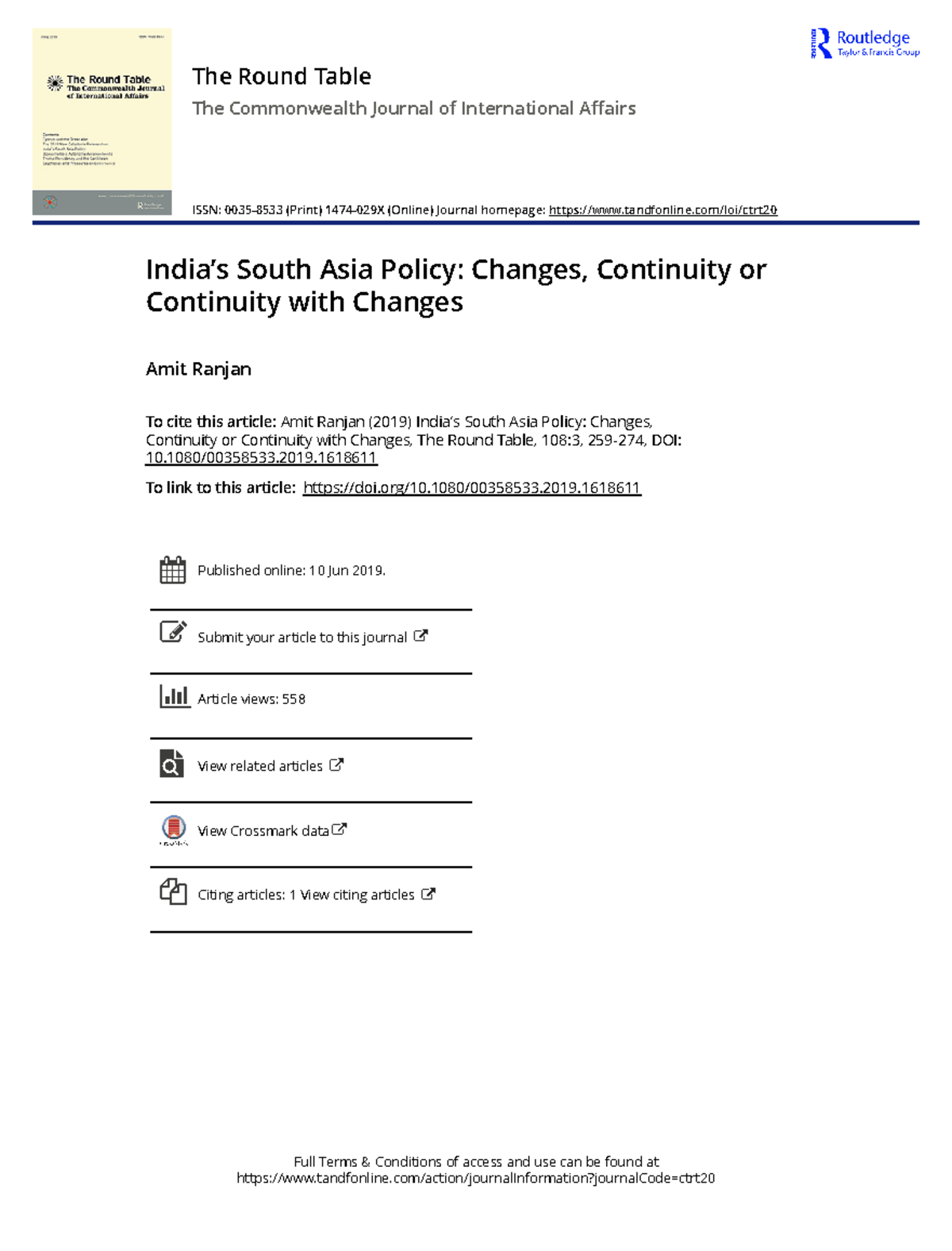 India's South Asia Policy: Continuity Amid Changes - Amit Ranjan (2019 ...