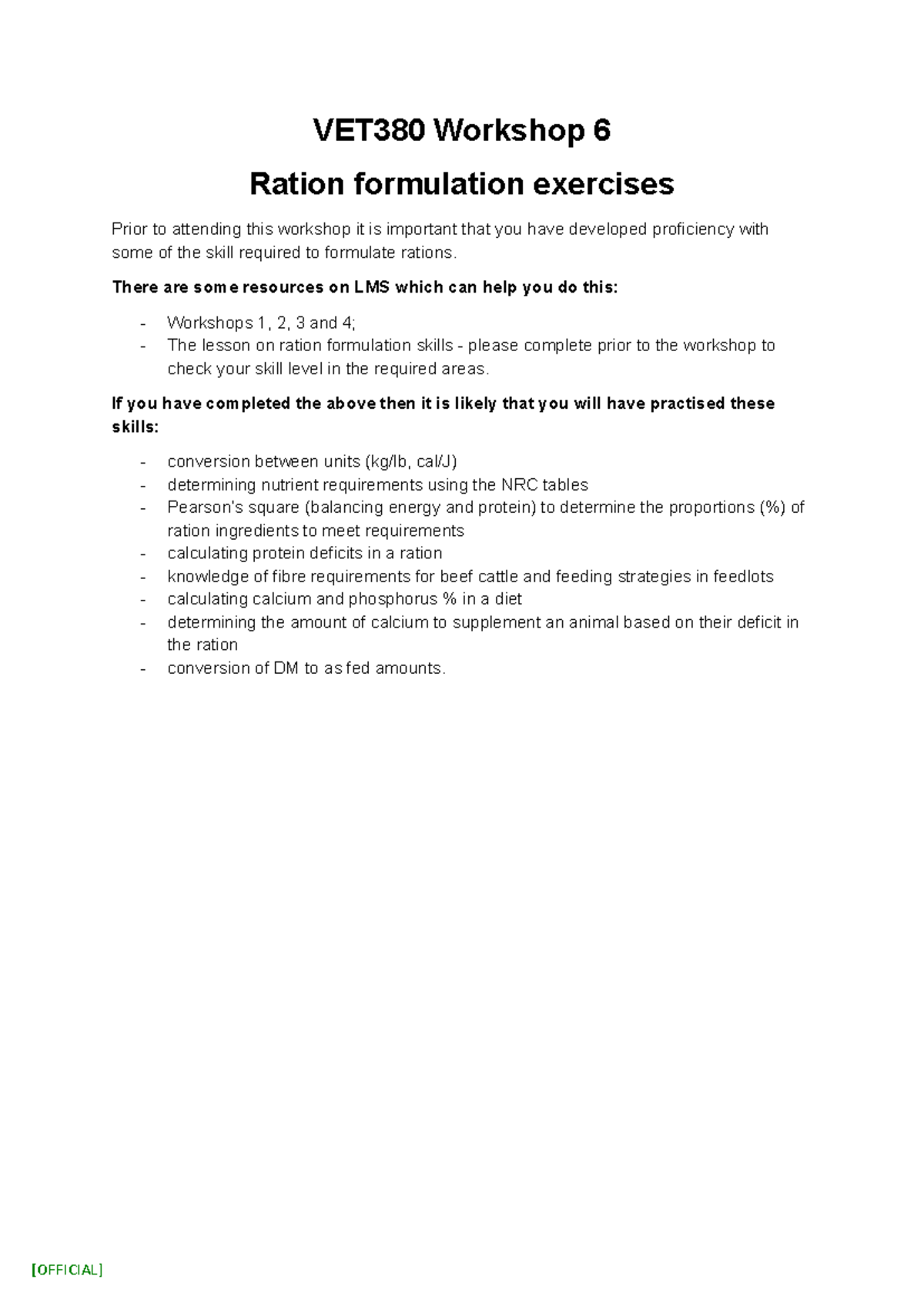 VET380 Workshop 6: Ration Formulation Exercises & Practice Questions ...