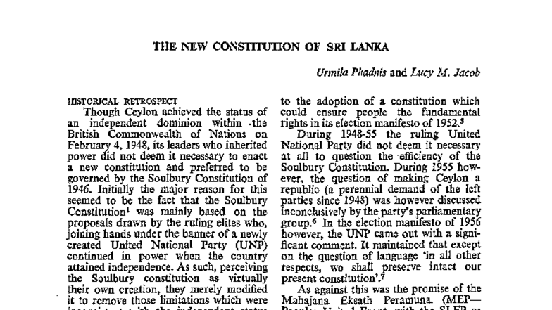 Phadnis & Jacob 1972: The New Constitution of Sri Lanka Analysis - Studocu