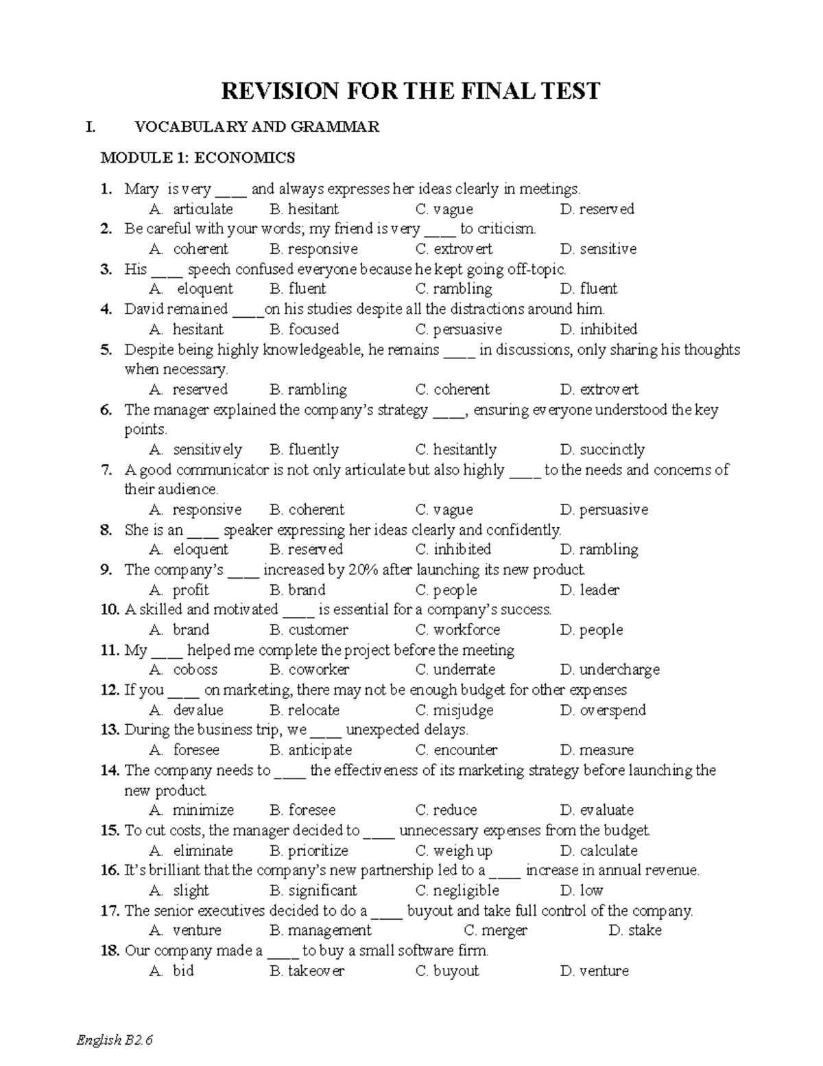 Revision For The Final Test I Vocabulary Grammar Eng B2 6 Studocu