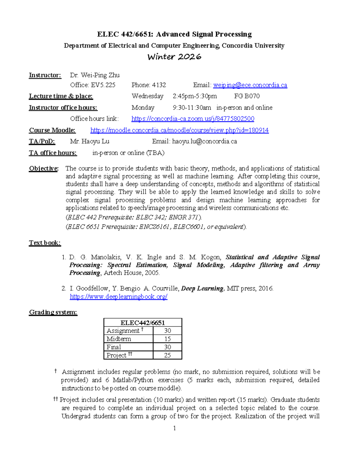 ELEC 442/6651 Advanced Signal Processing Course Outline Winter 2026 ...