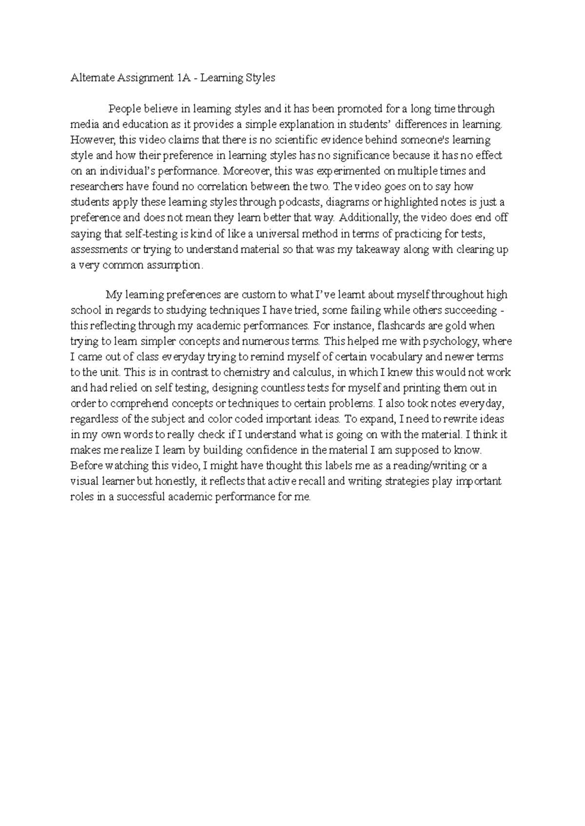 Alternate Assignment 1A: Debunking Learning Styles Myths - Studocu