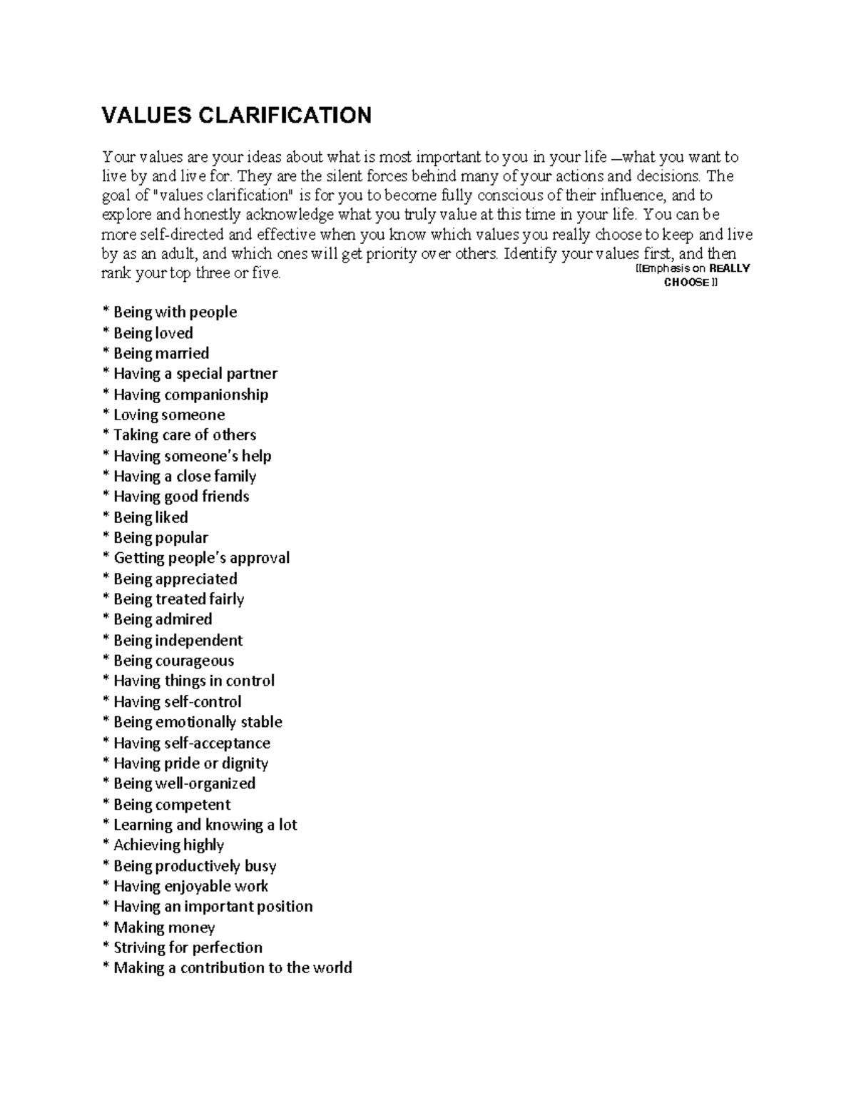 Values Clarification - Forms and Notes for Self-Discovery - Studocu