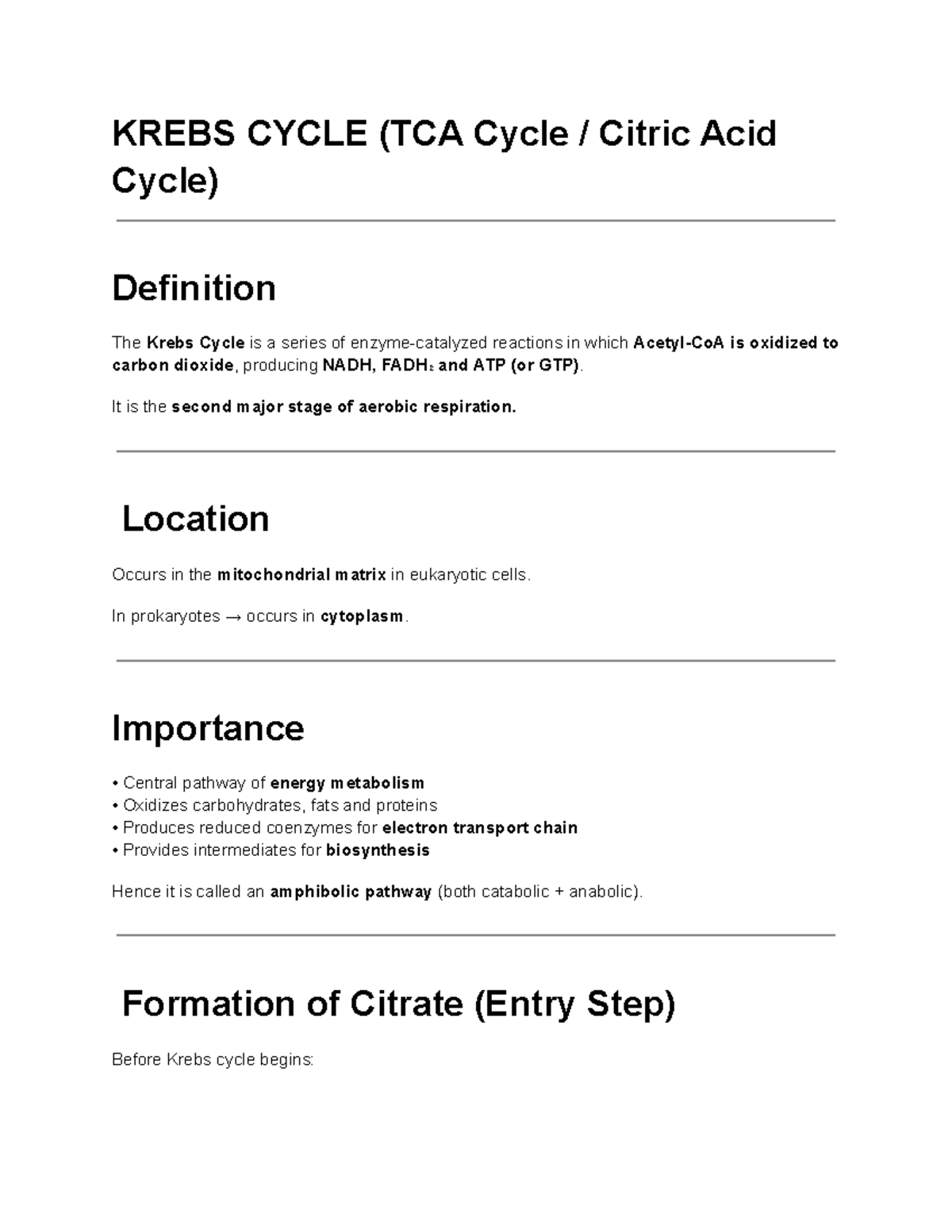 KREBS CYCLE (TCA Cycle) Overview and Key Concepts - Studocu