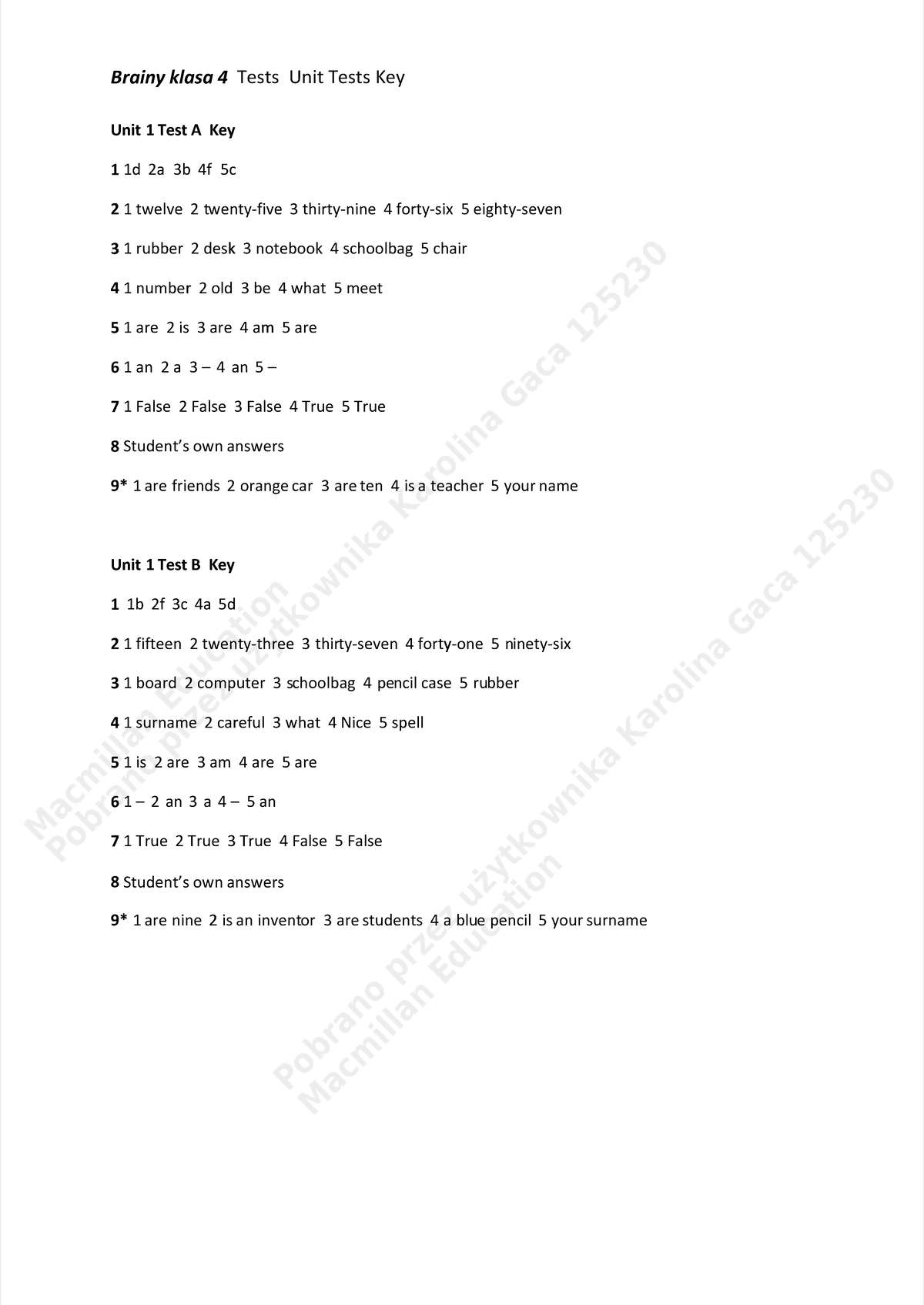 Answer Key for Unit Tests: Pdf-brainy-4 (Units 1-8) - Studeersnel