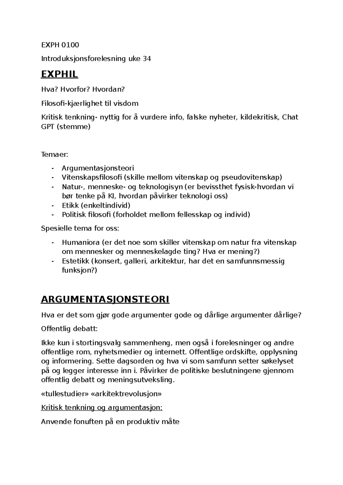 EXPH 0100 Uke 34: Introduksjon til Argumentasjonsteori og Kritisk ...