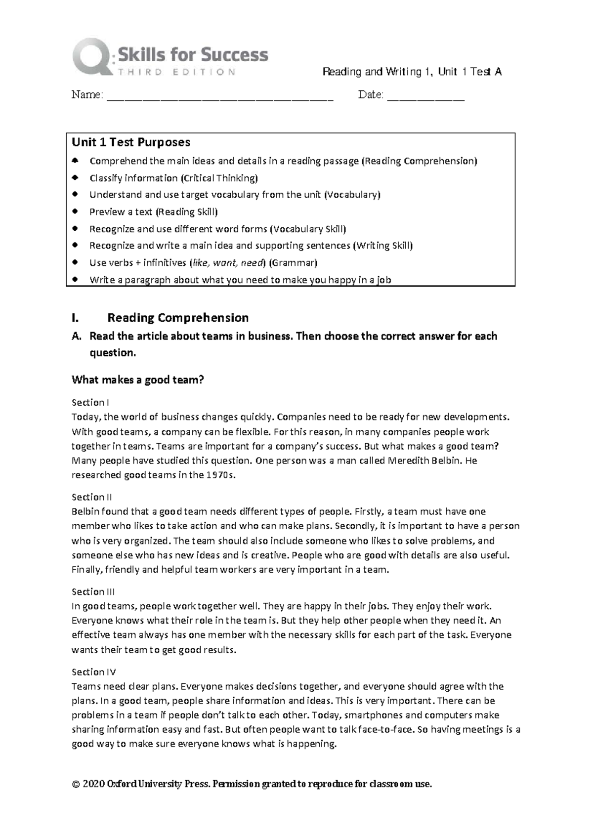 Reading and Writing 1: Unit 1 Test A - Comprehension and Writing Skills ...