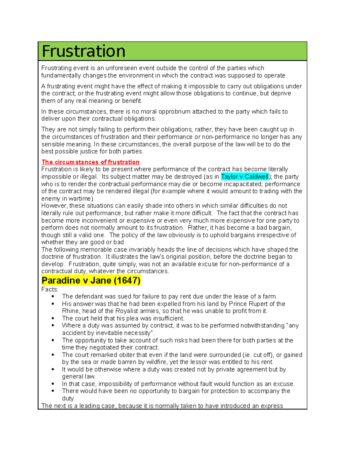 Exam Notes - Week 8: Understanding Frustration in Contract Law - Studocu