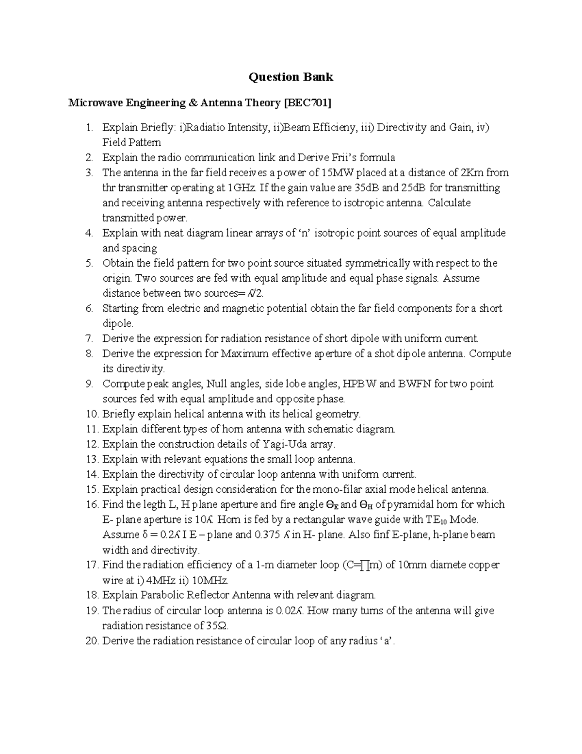 Question Bank 701 - Microwave Engineering Antenna Theory Notes - Studocu