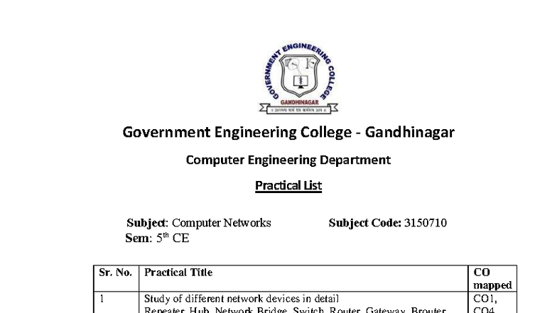 CN Lab Manual - Practical List for Computer Networks (3150710) - Studocu