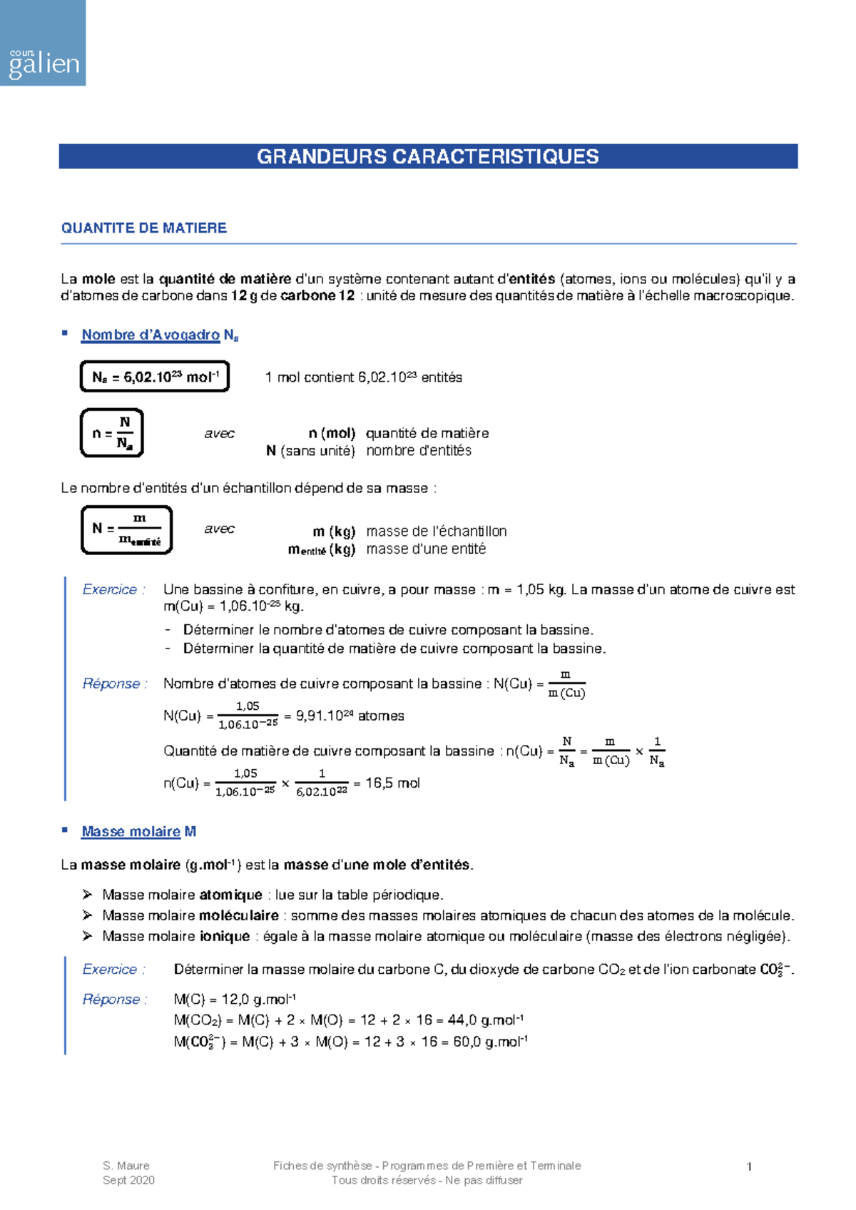 Chimie - Fiche 1 - Grandeurs Caractéristiques et Quantité de Matière ...