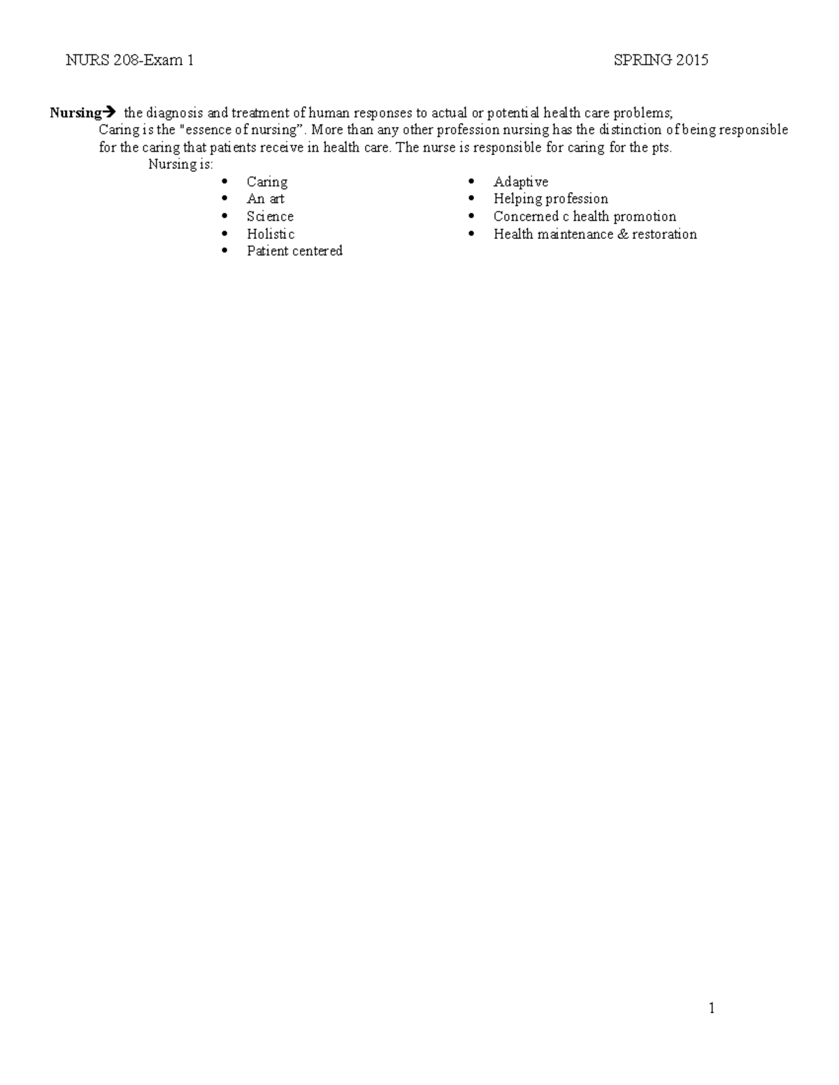 NURS 208 - Exam 1 Review - Key Concepts in Nursing Care - Studocu