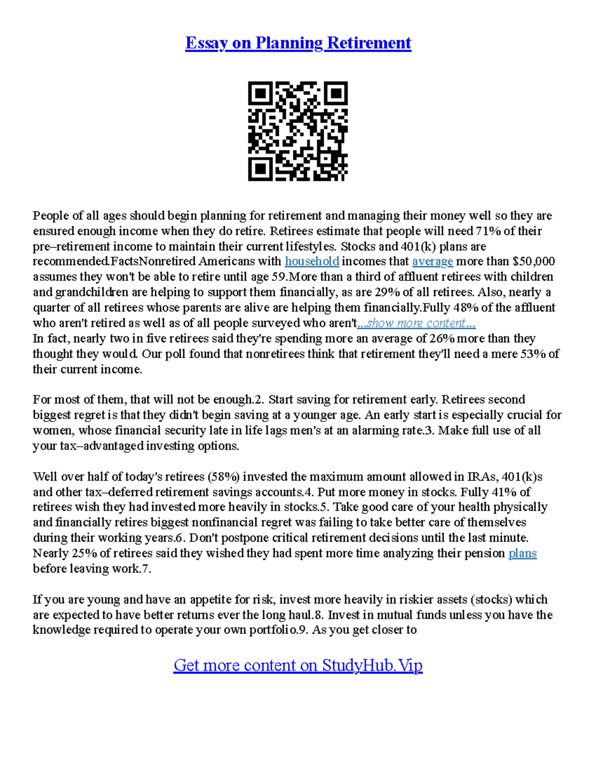 Essay On Planning - Retirees estimate that people will need 71% of ...