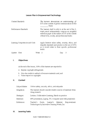 Lesson PLAN ETECH - Lesson Plan in Empowerment Technology Content ...