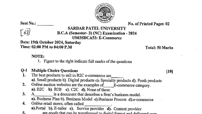 US03SBCA53 - E-Commerce Midterm Exam Questions and Answers - Studocu