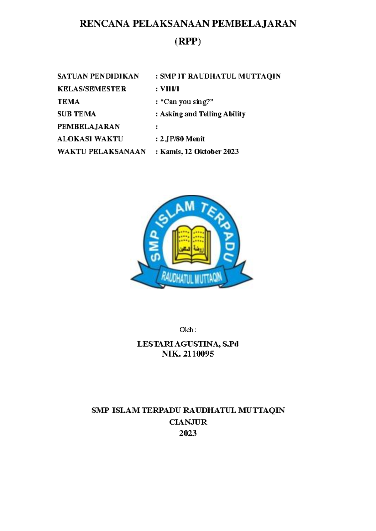 RPP PPG Daljab 2023: Lesson Plan for Class VIII on Asking Ability - Studocu