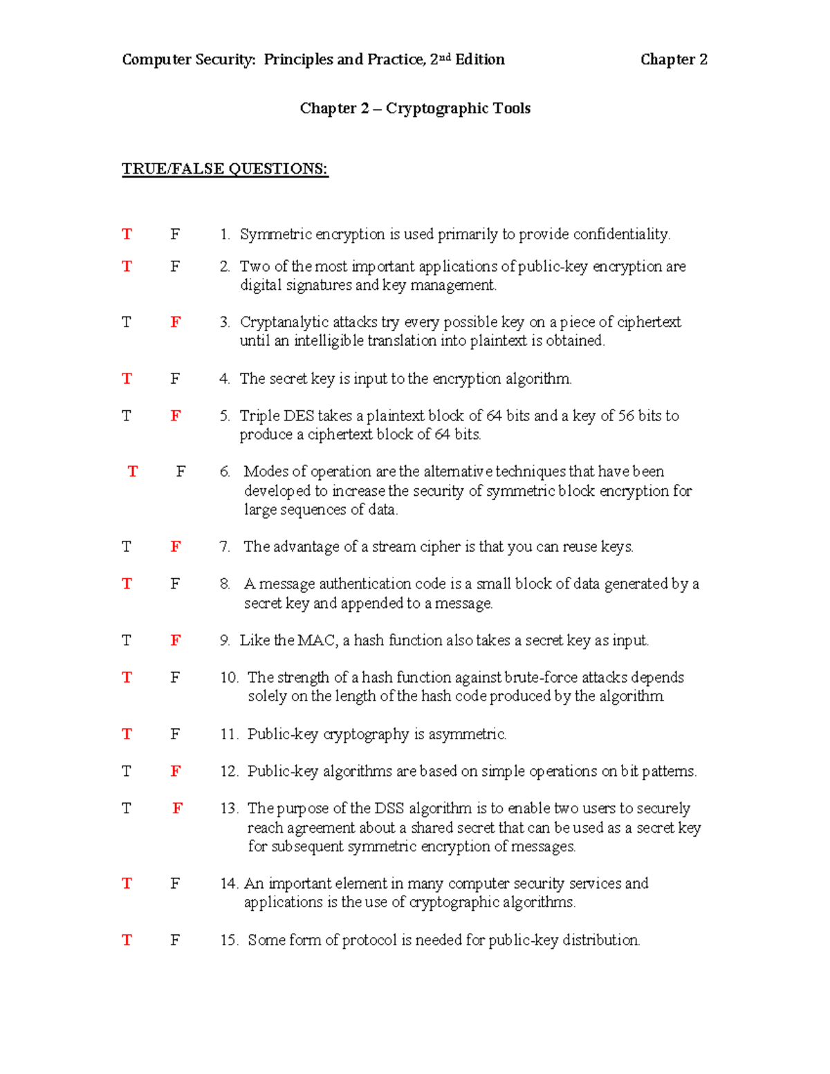 Ch2 Cryptography Security Test Bank: True/False & MCQ Review - Studocu