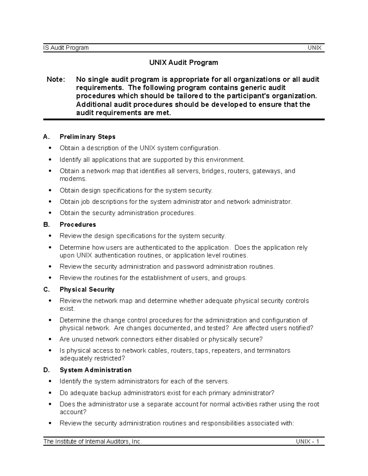 IS Audit Program: Comprehensive UNIX Audit Procedures - Studocu