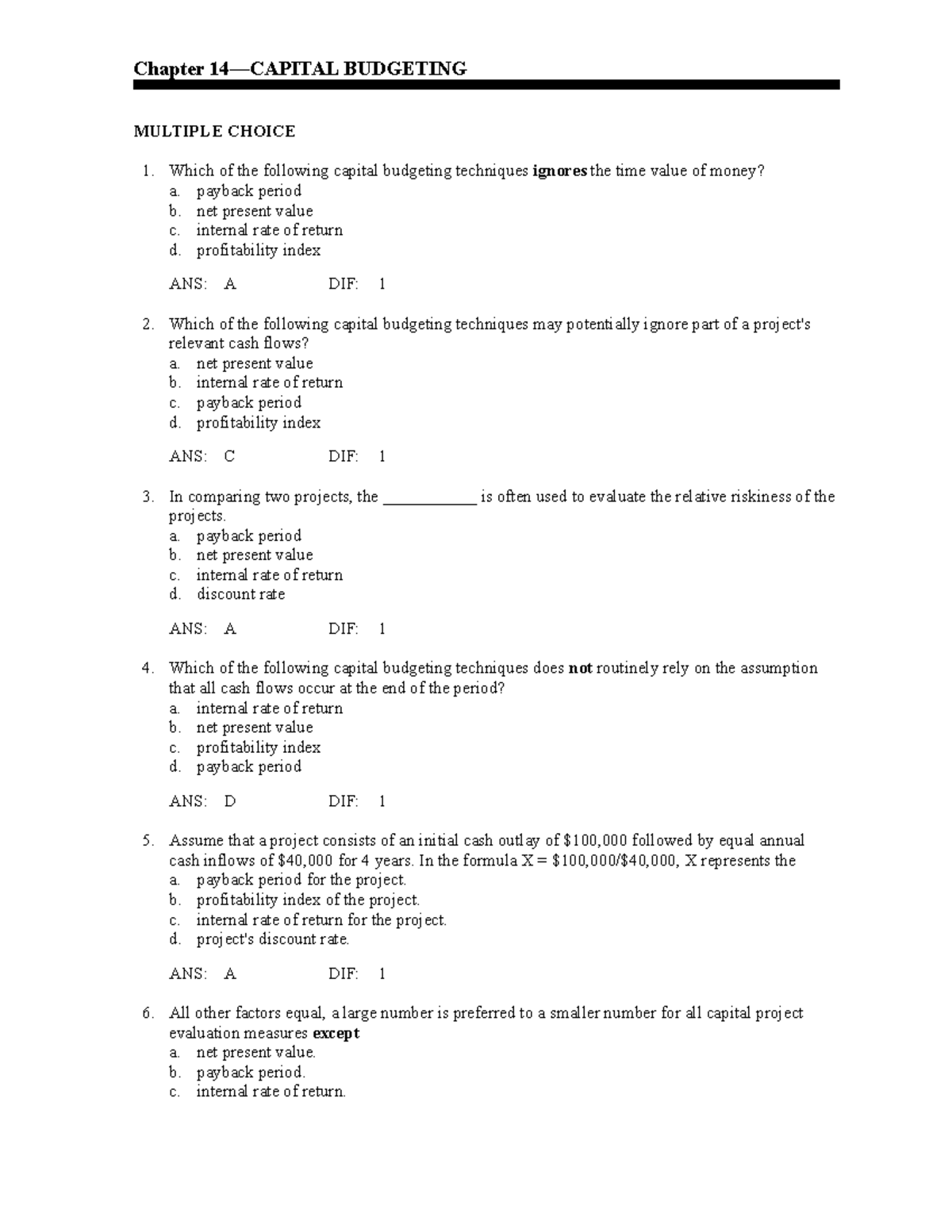 Capital Budgeting Techniques: Testbank Questions and Answers (6) - Studocu