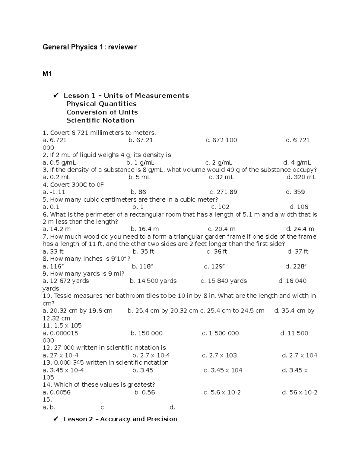 General Physics 1 Reviewer for Midterm Exam (GENPHYS101) - Studocu