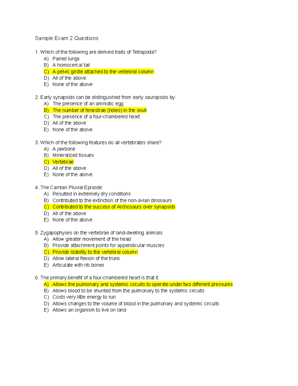 Sample Exam 2 Questions_Key for Biology Course (BIO101) - Sample Exam 2 ...