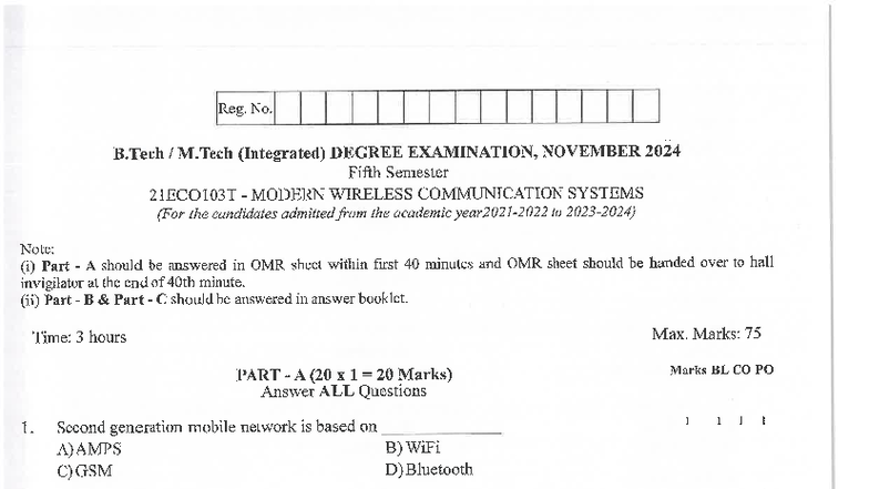 21ECO103T Modern Wireless Communication Systems Exam Notes - Studocu