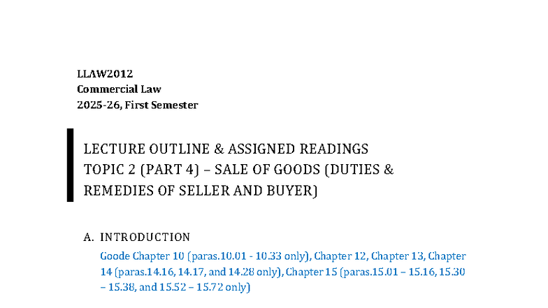 LLAW2012 Commercial Law 1st Sem LECTURE OUTLINE: Sale of Goods Duties ...