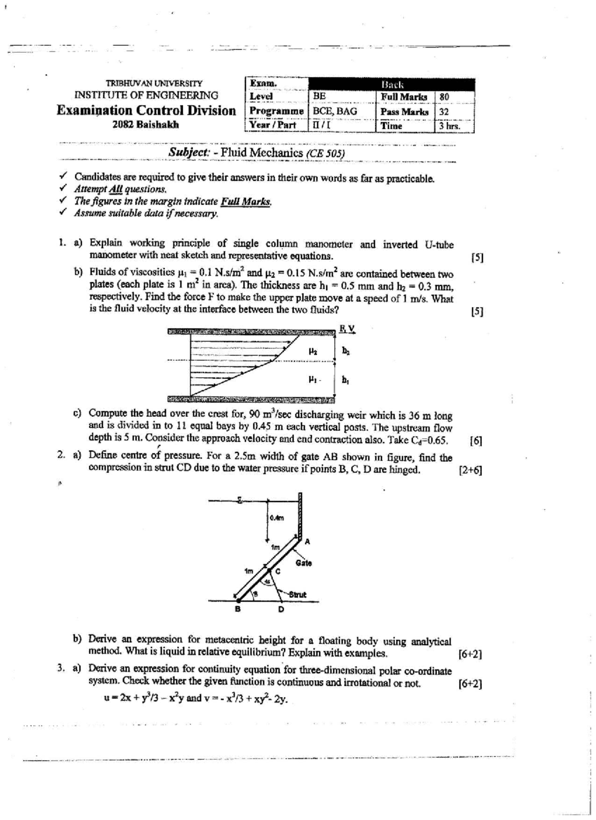 Fluid Mechanics (CE 505) - Comprehensive Exam Practice Questions - Studocu