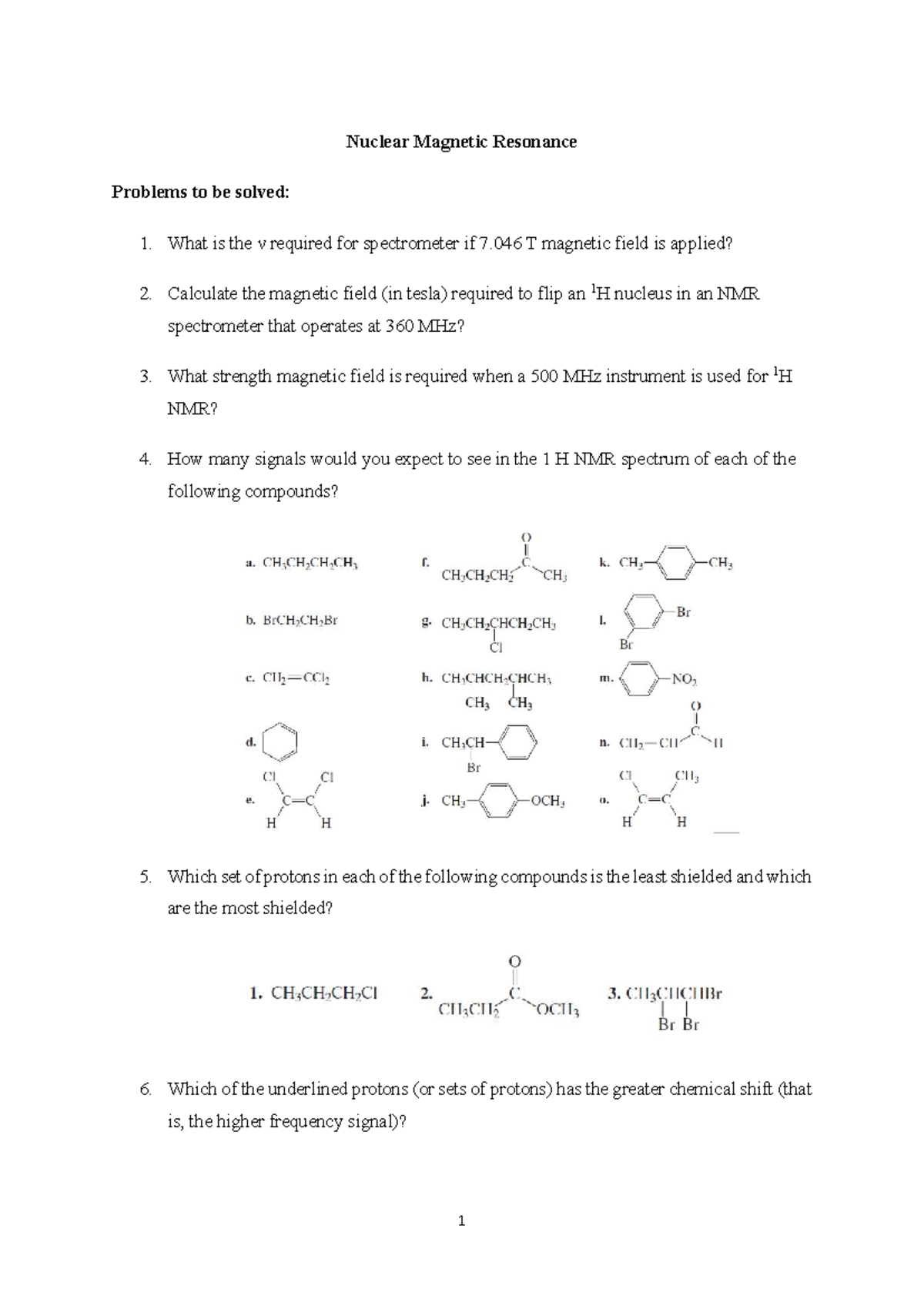 NMR Practice Problems: Magnetic Fields & Chemical Shifts - Studocu