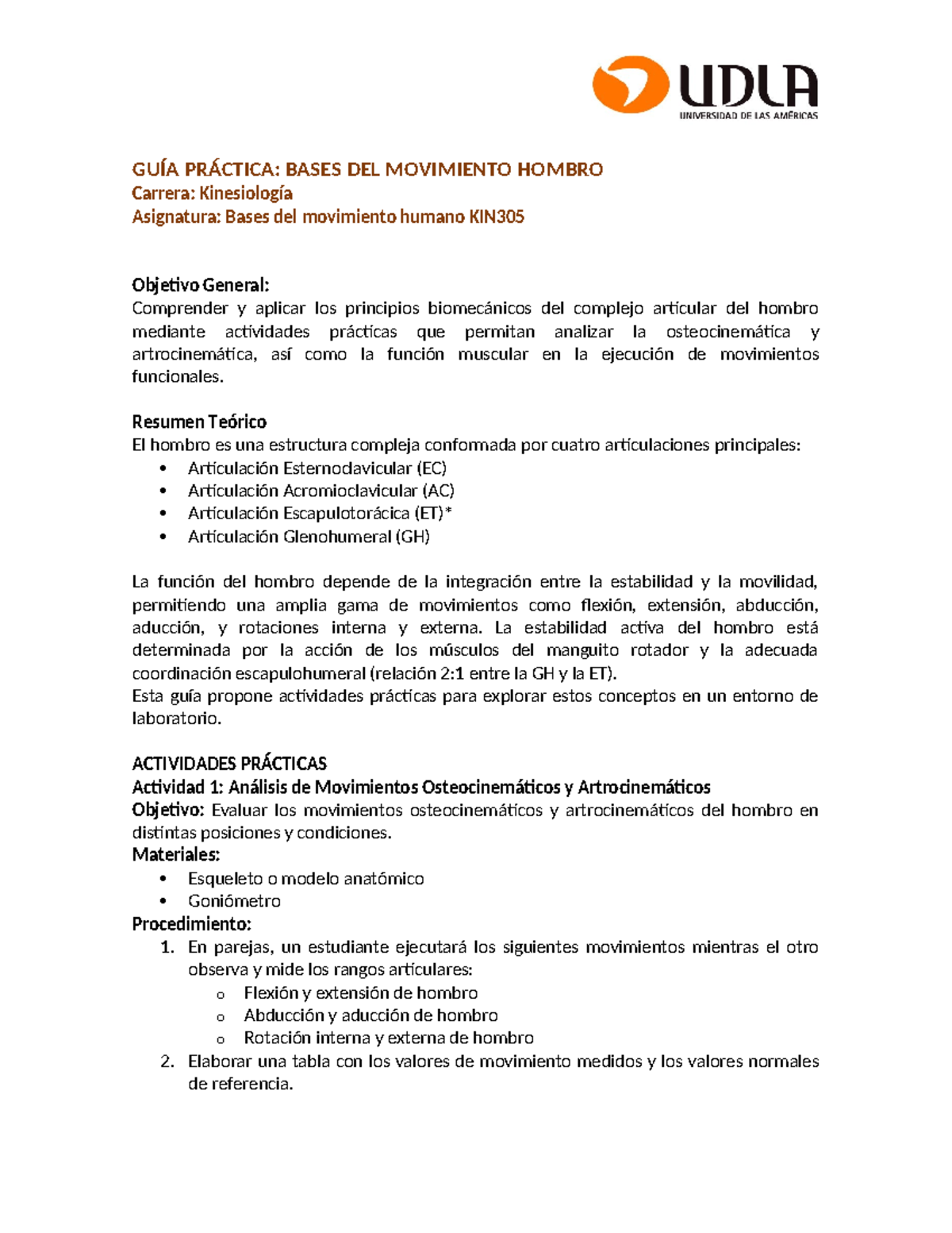 GUÍA PRÁCTICA: MOVIMIENTO DEL HOMBRO KIN305 - BMH - Studocu