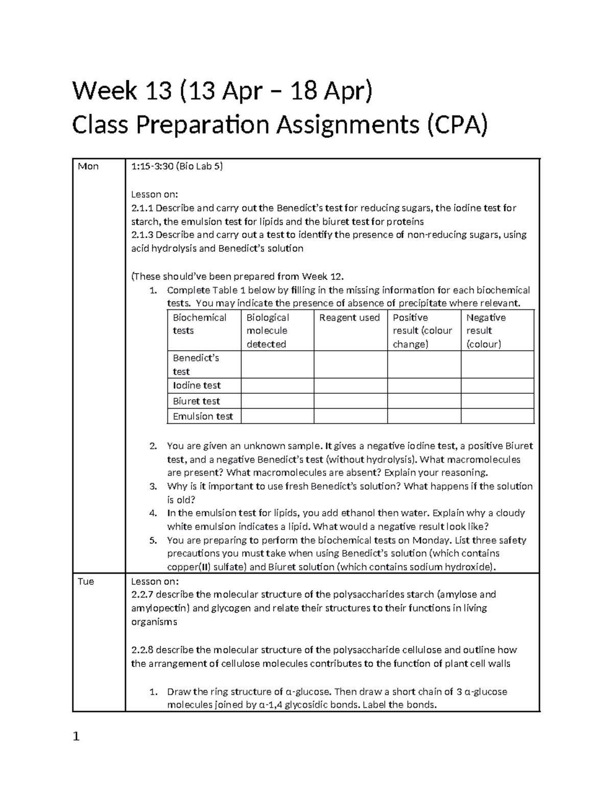 Week 13 Class Prep Assignments (CPA) for Bio Lab 5: Biochemical Tests ...