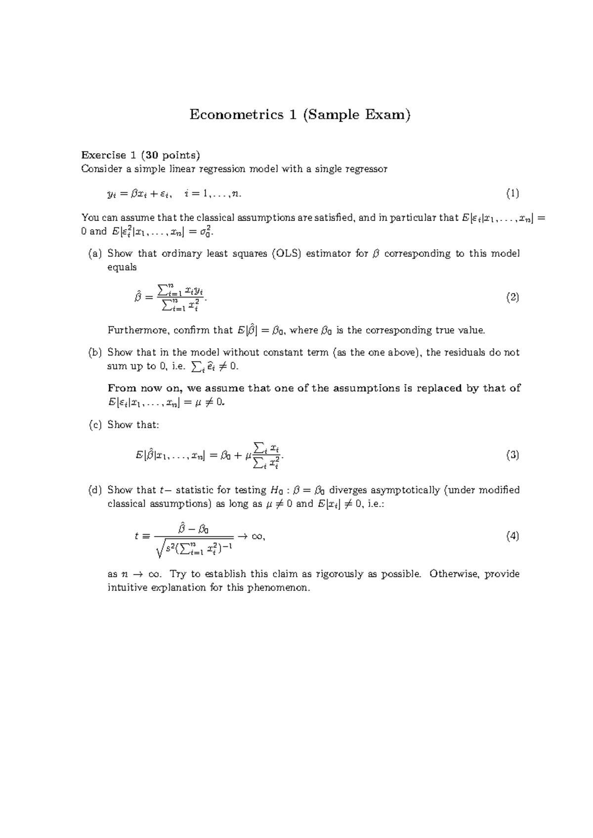 EC1 Sample Exam 2024: Econometrics 1 Key Concepts & Exercises - Studeersnel