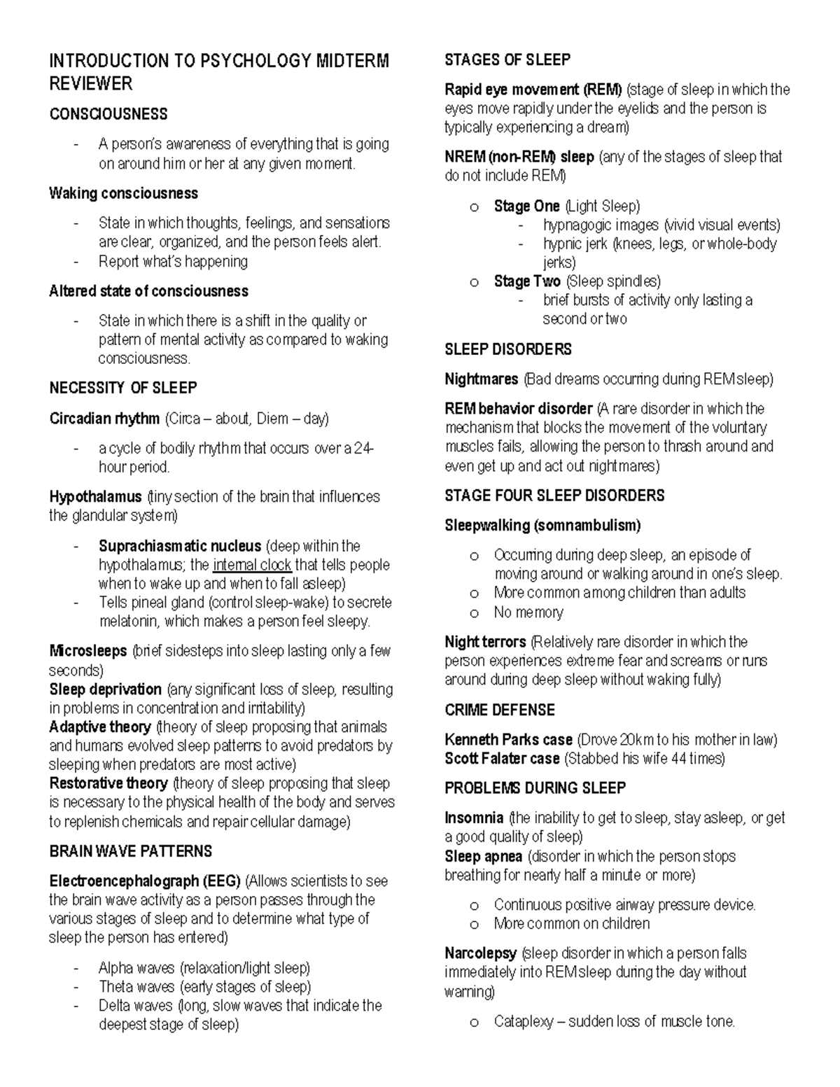 Introduction to Psyc 101 Midterm Study Notes on Consciousness and ...
