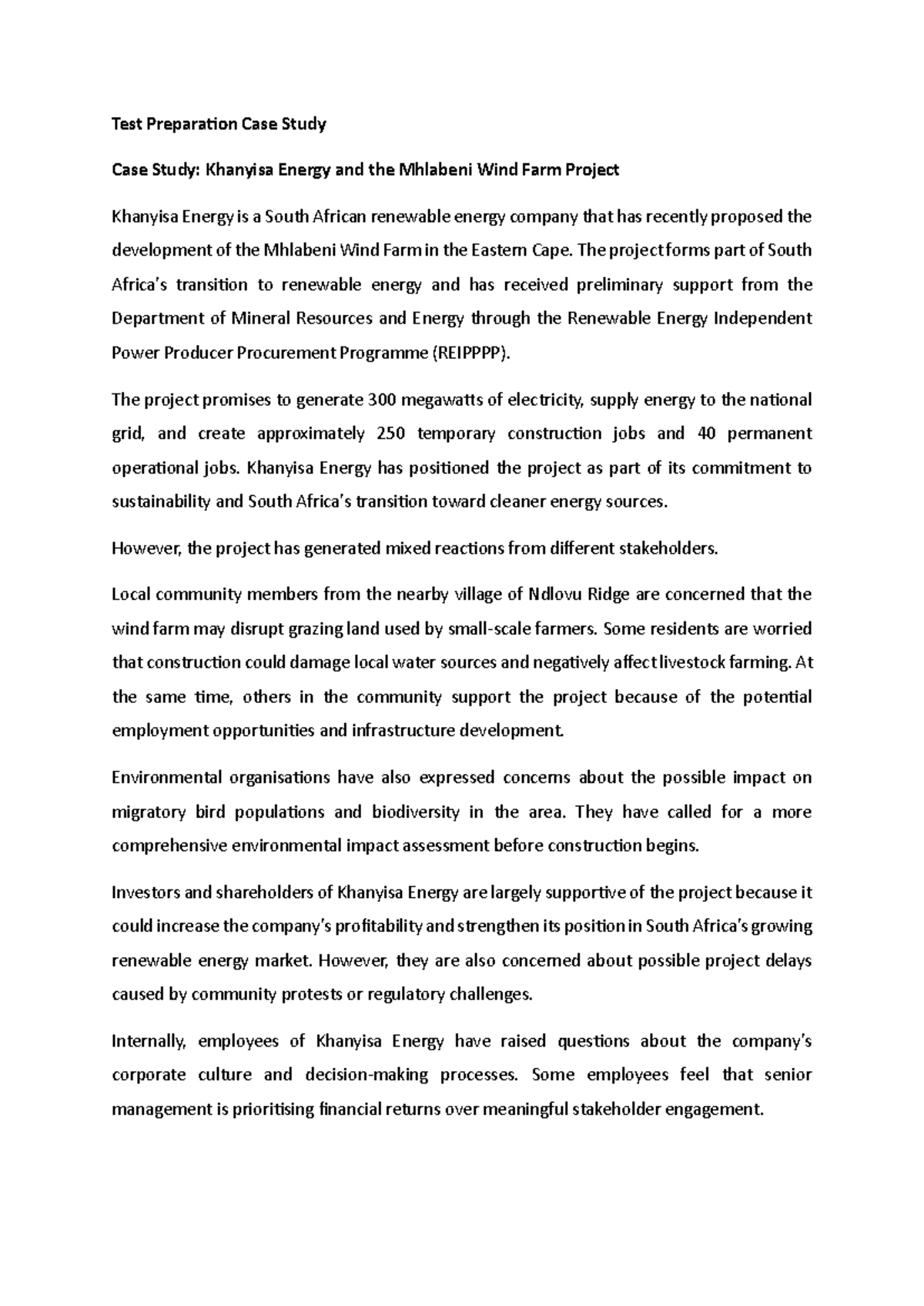 OBS 214 Sem Test 1 Prep: Khanyisa Energy Case Study Analysis - Studocu